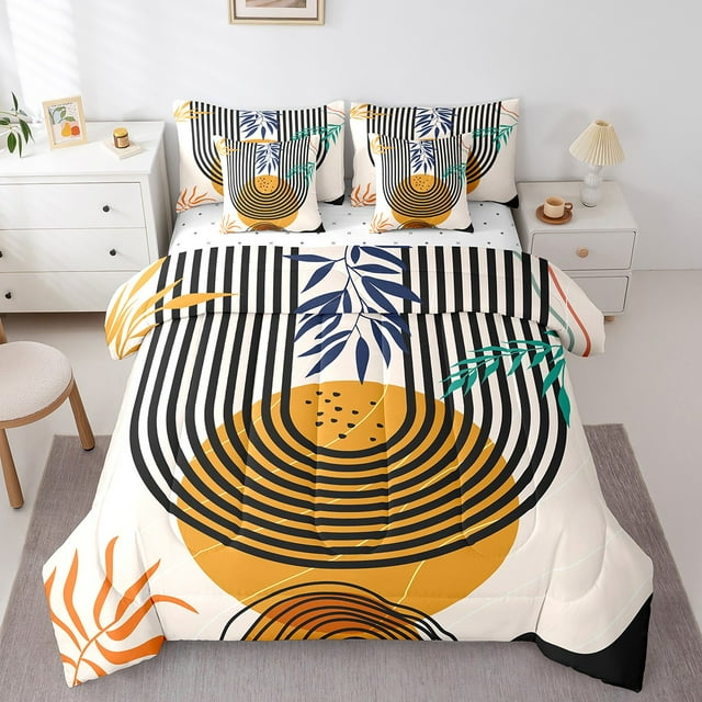 Mid Century Bed in a Bag 7pcs Geometry Swirl Line Bedding Set, Vintage Minimalit Twin Size Comforter Set Modern Artwork Bedding Comforter Sets, Abstract Circle Spiral Bed Set Lightweight