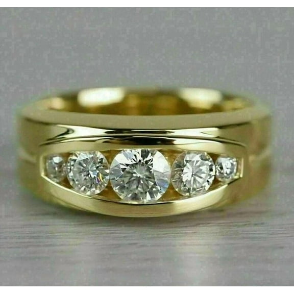 Five Stone 1.00Ct Round Cut Simulated Diamond Wedding Men's Band Ring 14K Yellow Gold Plated Silver