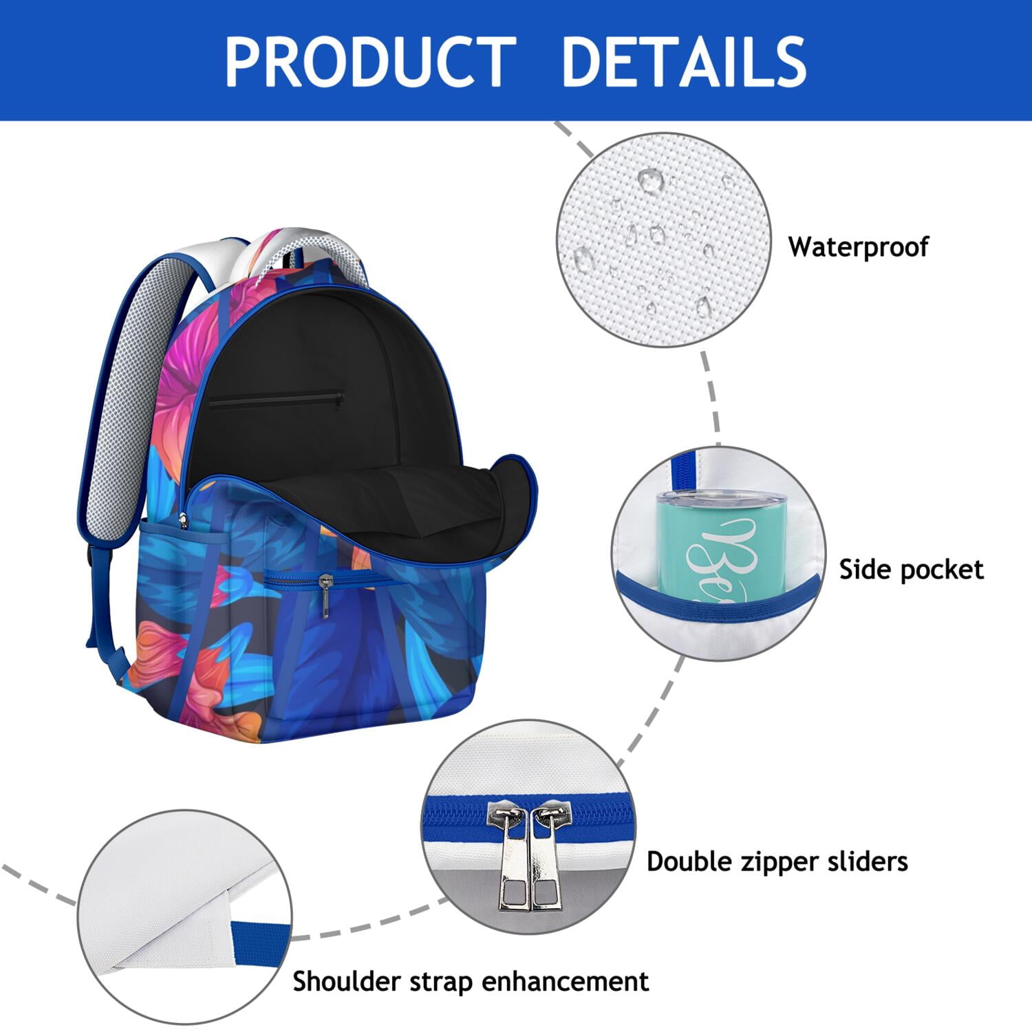 Exotic Botanical Themed Waterproof Backpack, Ergonomic & Stylish for College & Daily Use