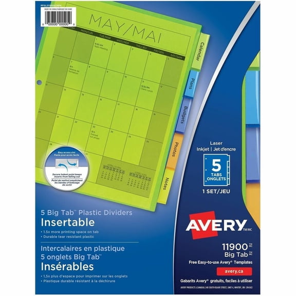 Avery® Plastic Dividers, Insertable Big Tab™, 5-Tab, Multicolor, 1 Set