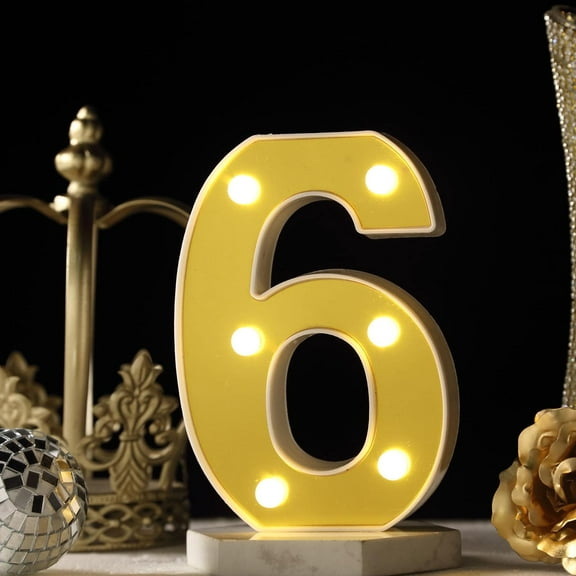 Efavormart 3D Marquee Number "6" Gold with Warm White 6 LED Lights 6" - Light-Up Decor for Weddings