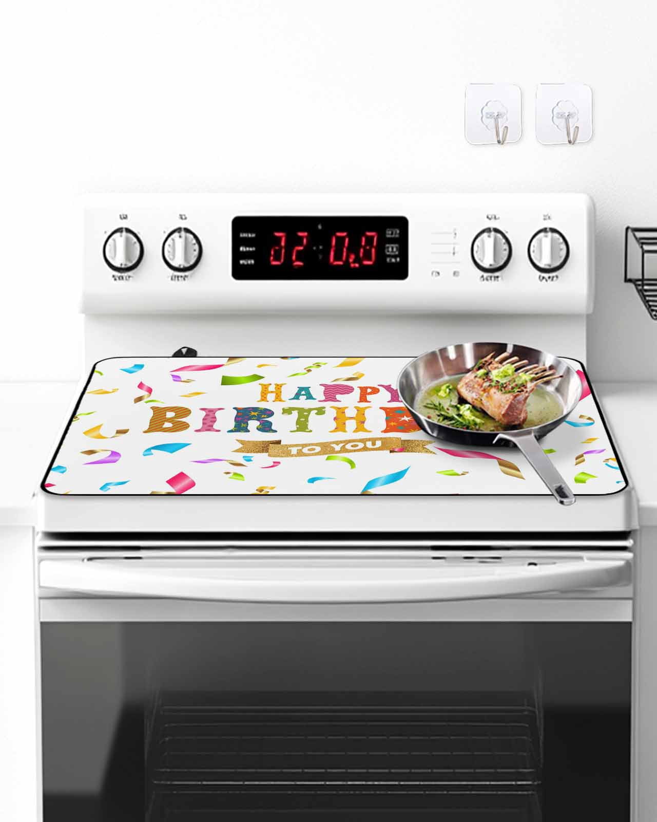 Stove Top Covers for Electric Stove, Happy Birthday Glass Stovetop Cover Protector, Colorful Words Induction Cooktop Protector Oven Mat for Kitchen Countertop 24"x21"