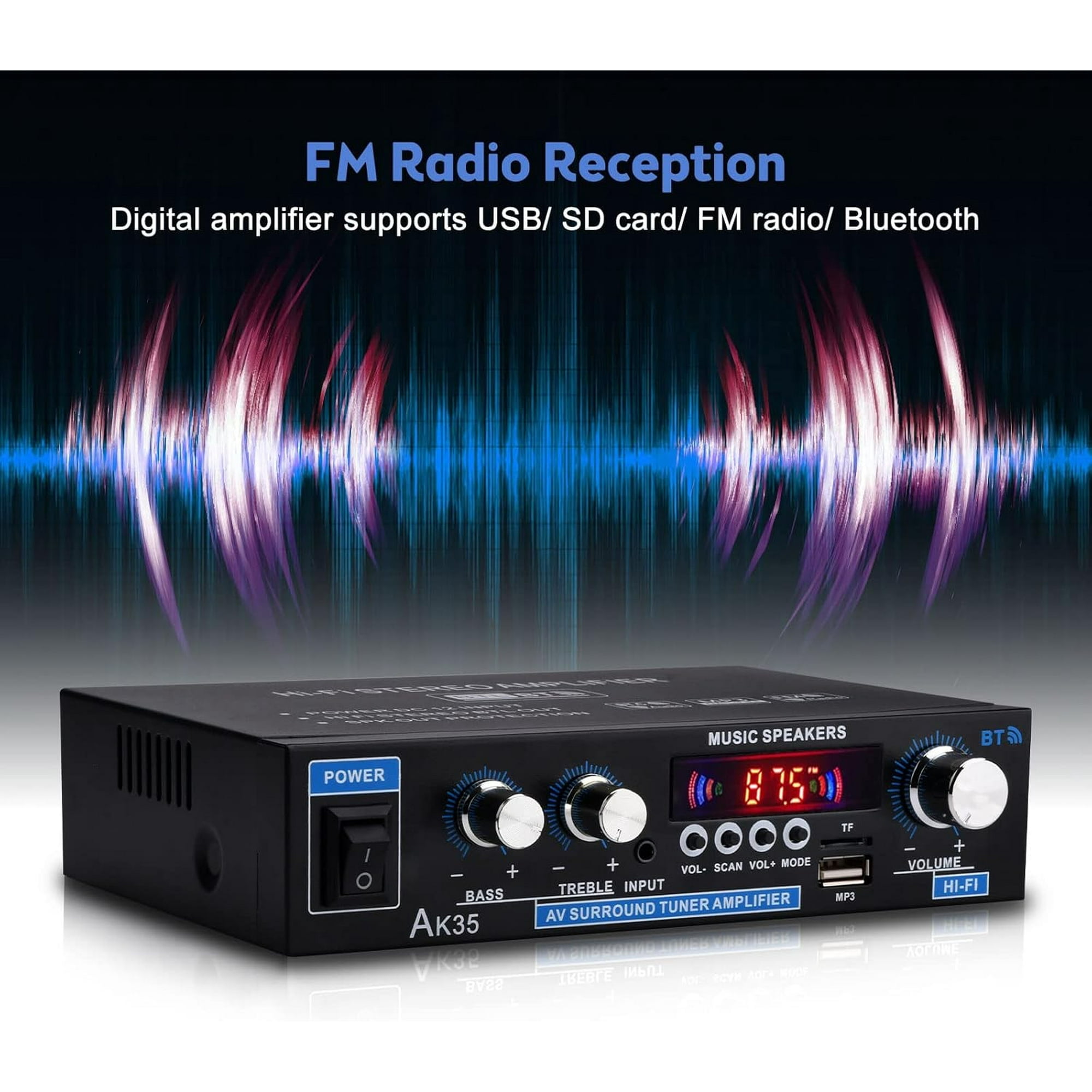 Bluetooth Digital Amplifiers Audio Stereo Receiver,AK35 200W Home 110-240V Bluetooth Bass Audio Power compatible Amplifier, Hifi FM USB Auto Music Subwoofer Speakers Audio Amplifier Receiver