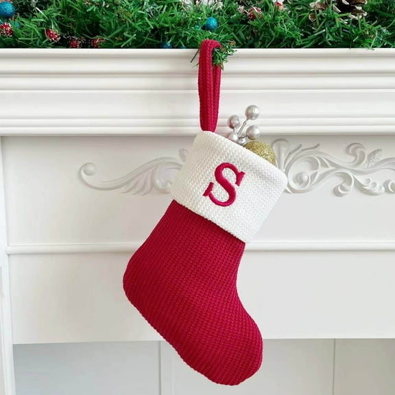 FEOLGEHLY Small Christmas Stockings with Initials, Letter Embroidered Xmas Stockings, 7 inch Monogram Knitted Holiday Stocking, Christmas Party Fireplace Family Hanging Stocking Decorations, S