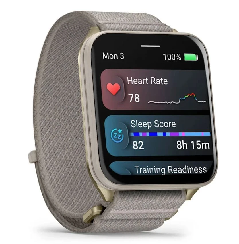 Garmin Venu X1 Thin and Lightweight GPS Smartwatch, AMOLED Display, Soft Gold with Titanium Caseback & French Gray Nylon Band with Wearable4U White EarBuds Bundle