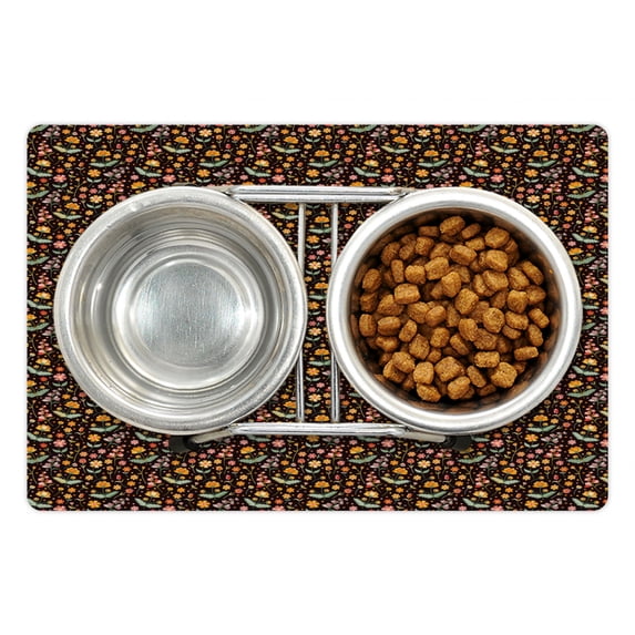 Floral Pet Mat for Food and Water, Wild Flowers Rhythmic Earth Toned Print, Non-Slip Rubber Mat for Dogs and Cats, 18" X 12", by Ambesonne