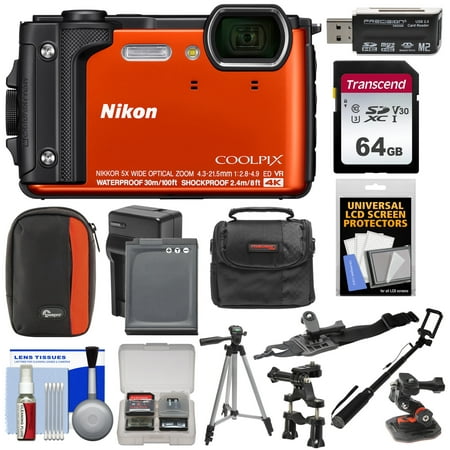 Nikon Coolpix W300 4K Wi-Fi Shock + Waterproof Digital Camera (Orange) with 64GB Card + (2) Cases + Battery + Charger + Tripod + Handlebar + Helmet Mounts + (Best Waterproof Dslr Camera)