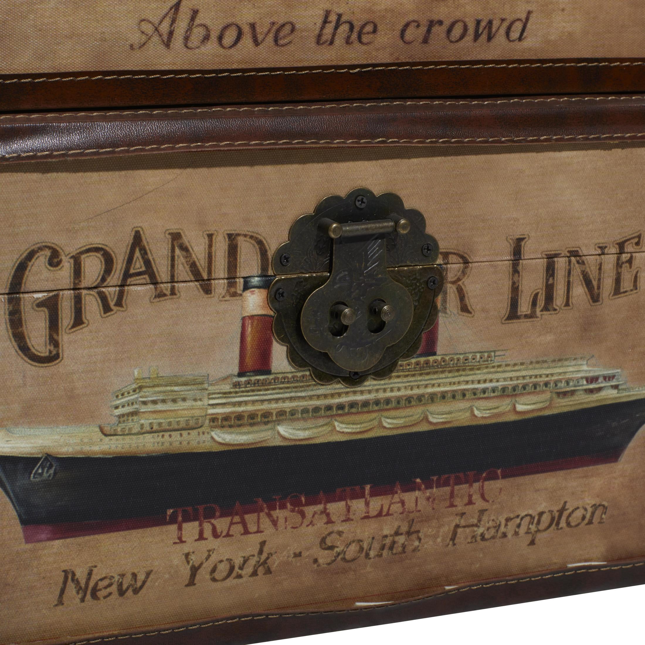DecMode 12" x 5" Brown Faux Leather Vintage Train, Plane, Boat Transportation Trunk with Gold Hardware, 3-Pieces