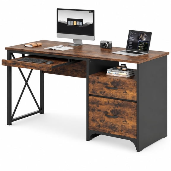 55 Inch Industrial Computer Desk with Drawers and Storage, Wooden Office Desk with Keyboard Tray & File Drawer for Home Use, Rustic Brown