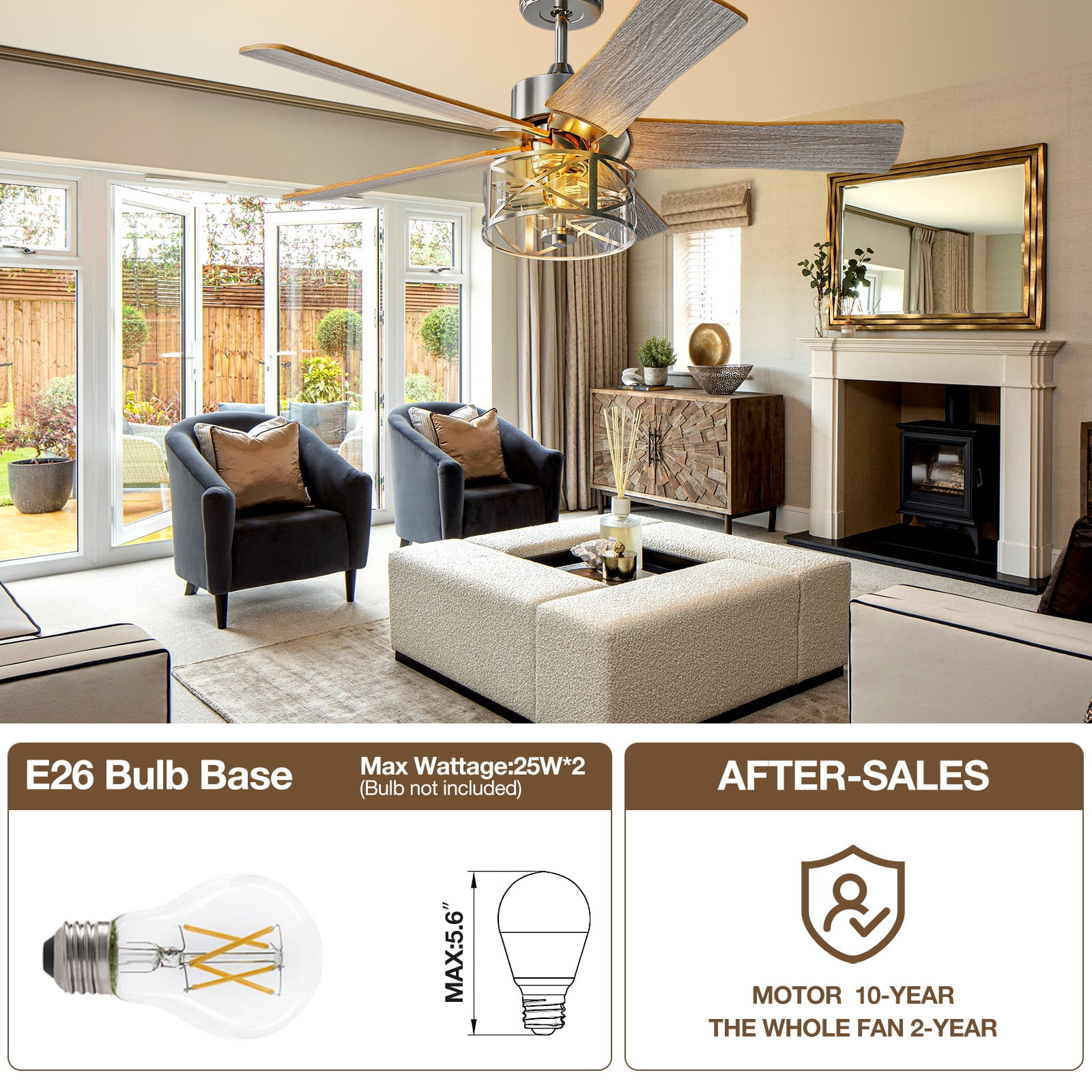 52\" Farmhouse Ceiling Fans With Lights, Caged Ceiling Fan With...