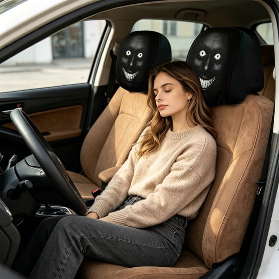 Funny Face Car Headrest Cover, Stretchable Polyester Auto Headrest Protector, Universal Fit for All Vehicles, 11.0" × 10.2", Black