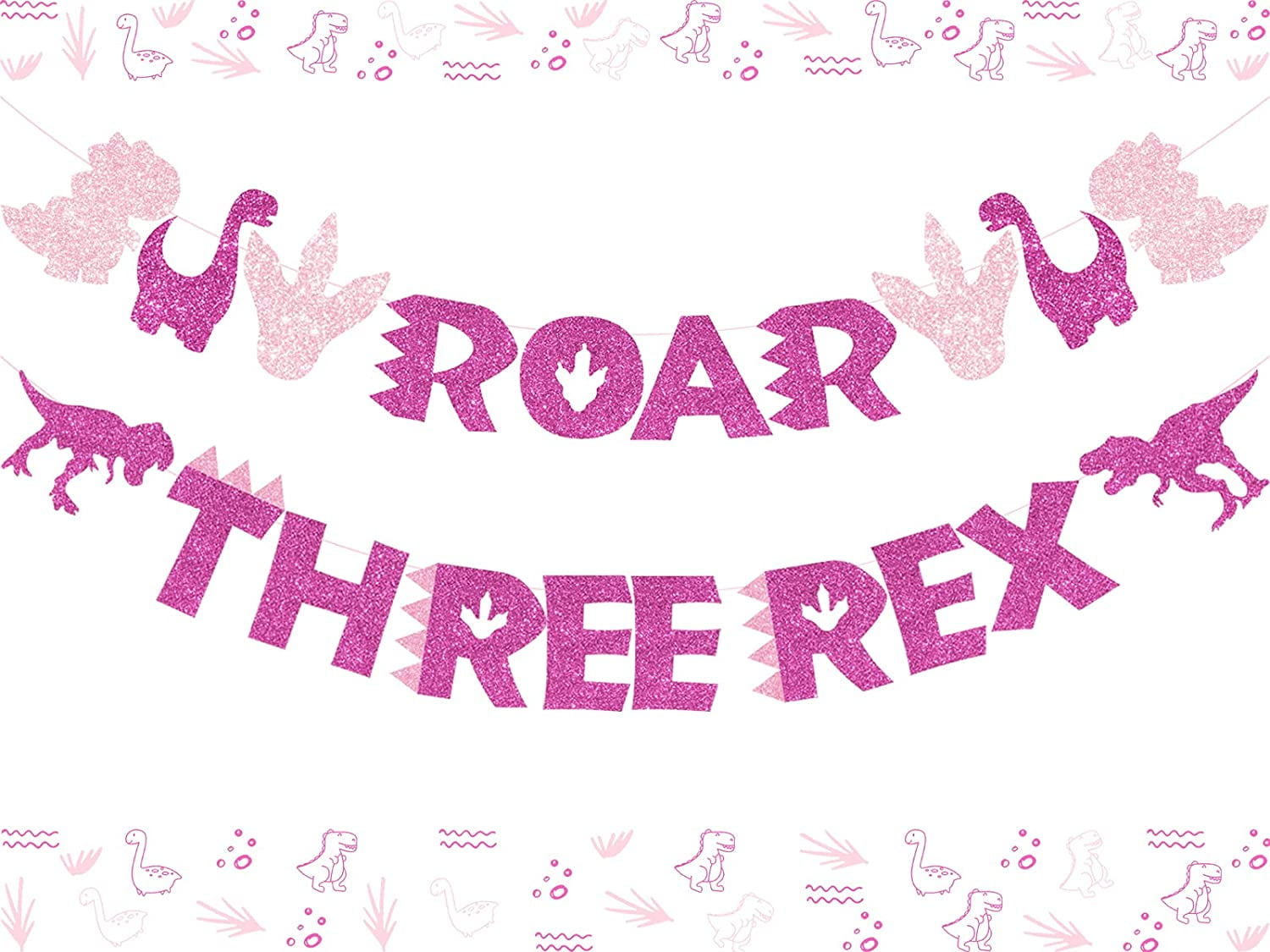 Three Rex Banner Rose Red and Dinosaur Roar Garland Glitter for Girls 3rd Birthday Dinosaur Party Supplies, Pink Dinosaur Party Decorations