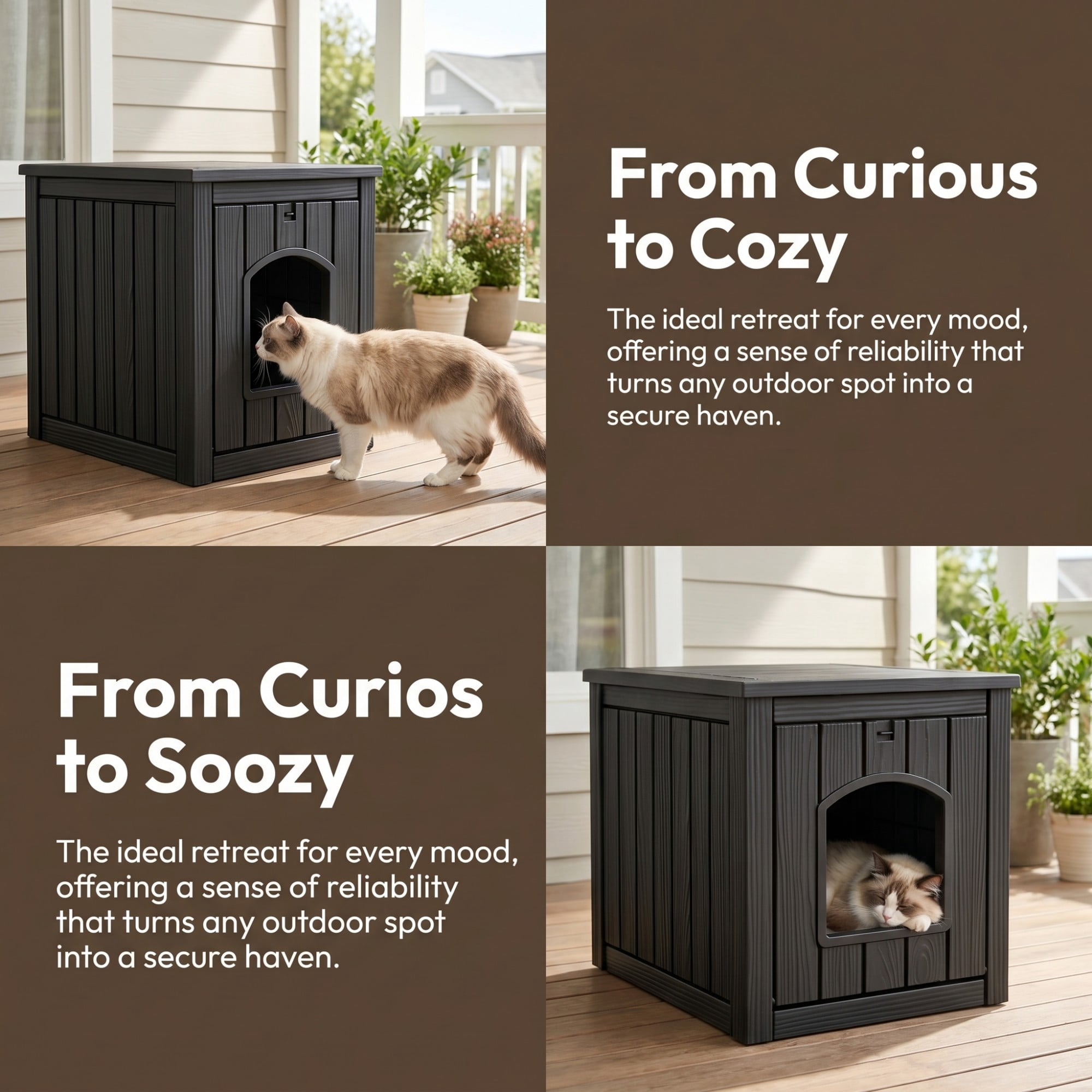 ENNSOO Outdoor Cat House Weatherproof Resin Cat Shelter for Indoor & Outdoor, Durable All-Season Pet House for Feral, Stray & Domestic Cats, Black