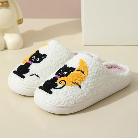 LIJCC Women Men House Slippers Black Cat Moon Graphic Retro Plush Soft Comfy Warm Plush Slip on Fluffy Memory Foam Home Sippers for Winter Indoor Outdoor
