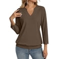 thumbnail image 2 of Womens 3/4 Sleeve Shirts Banded Bottom V Neck Summer Tops Loose Fit Casual Dressy Basic Tees Brown S, 2 of 6