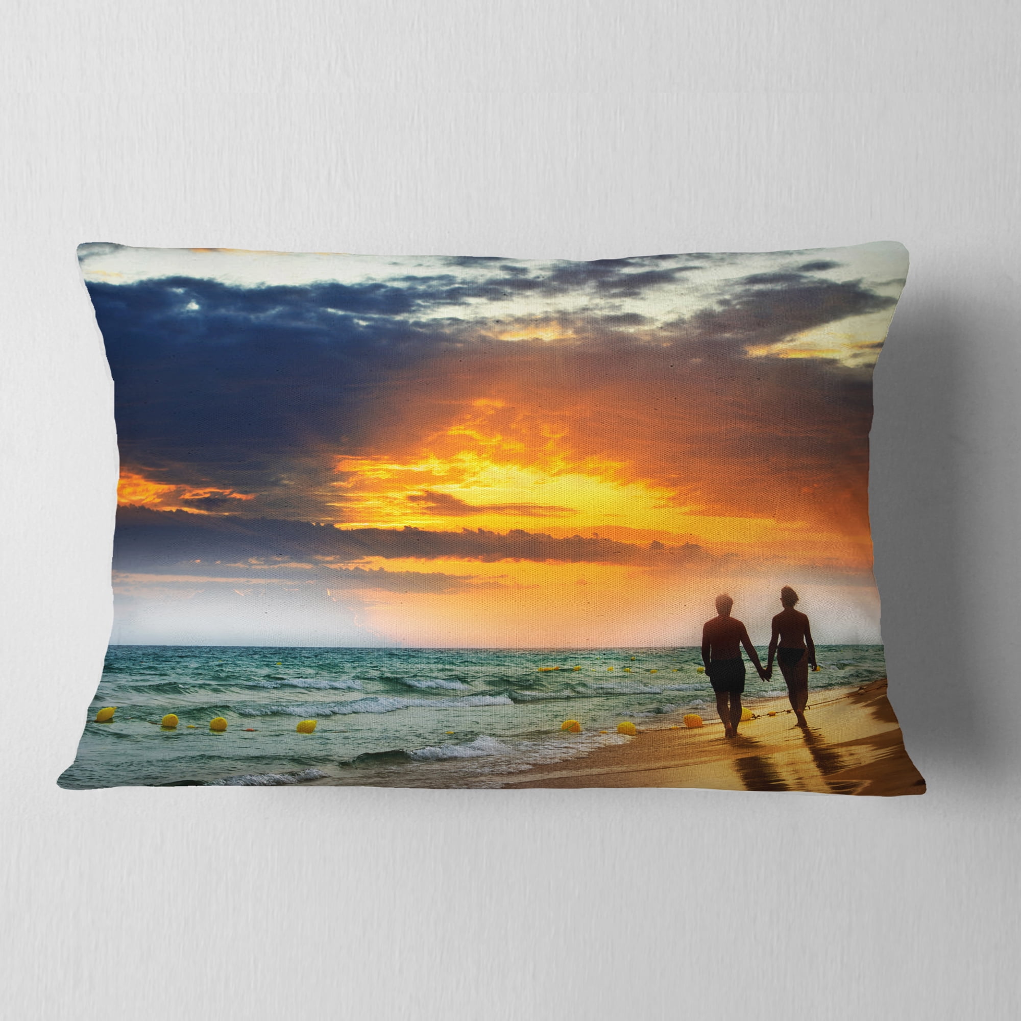 Designart Lovers at Beach - Seashore Photography Throw Pillow - 12x20