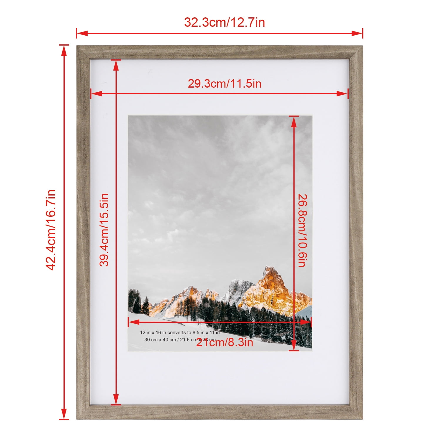 Scholartree 12 x 16 5-in-1 Wood Picture Frames Set-12x16 Matted to 8.5x11 Wall Frames, Gray