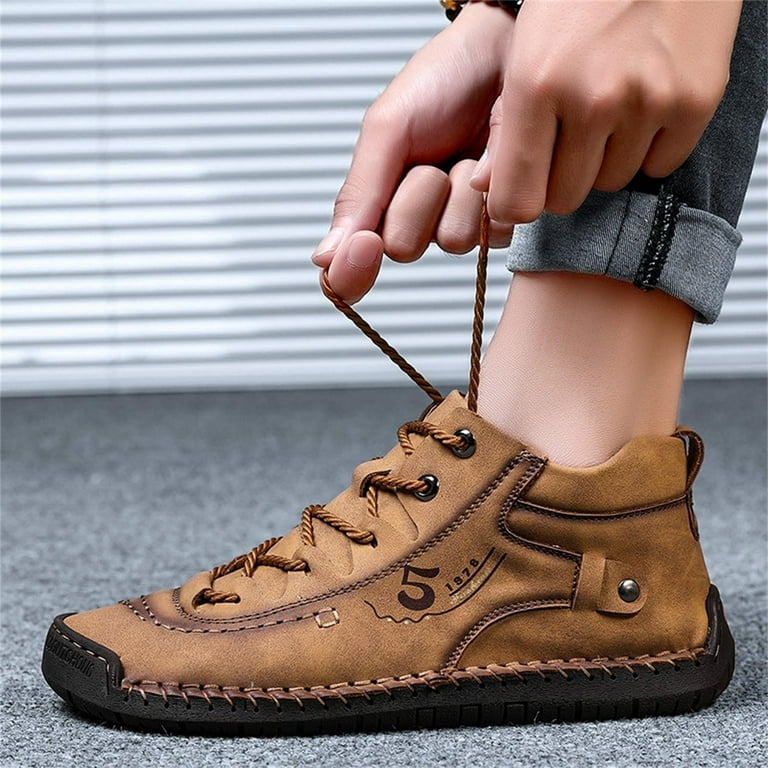 QYZEU Mens Western Boots With Zipper Mens Non Slip Work Shoes Restaurant Fashion Summer And Autumn Men Leather Shoes Flat Soft Bottom Comfortable Mid