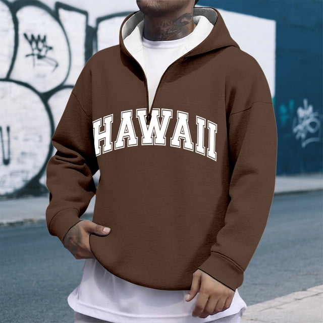 MHFRRA Sudadera con Capucha y Cremallera de Un Cuarto con Estampado de Letras, Informal, con Bolsillo Frontal, para Ropa de Calle, Moda, Ajuste Cómodo Café
