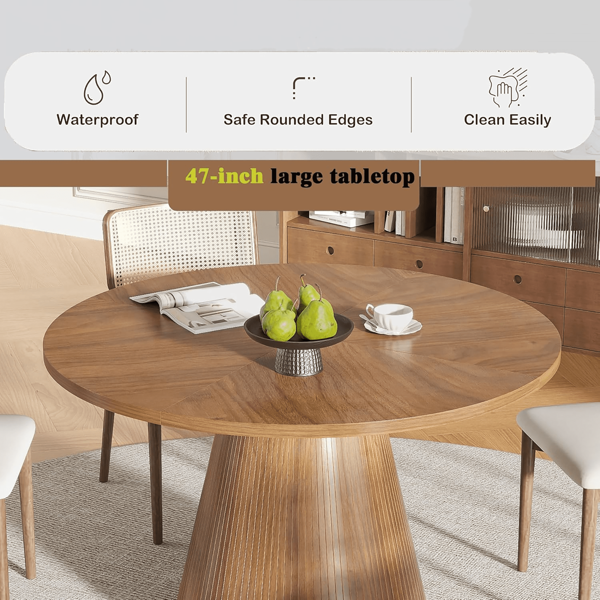 Oubayajia Round Dining Table for 4, 47 Inches Wood Small Dining Table for Kitchen Living Room, Walnut
