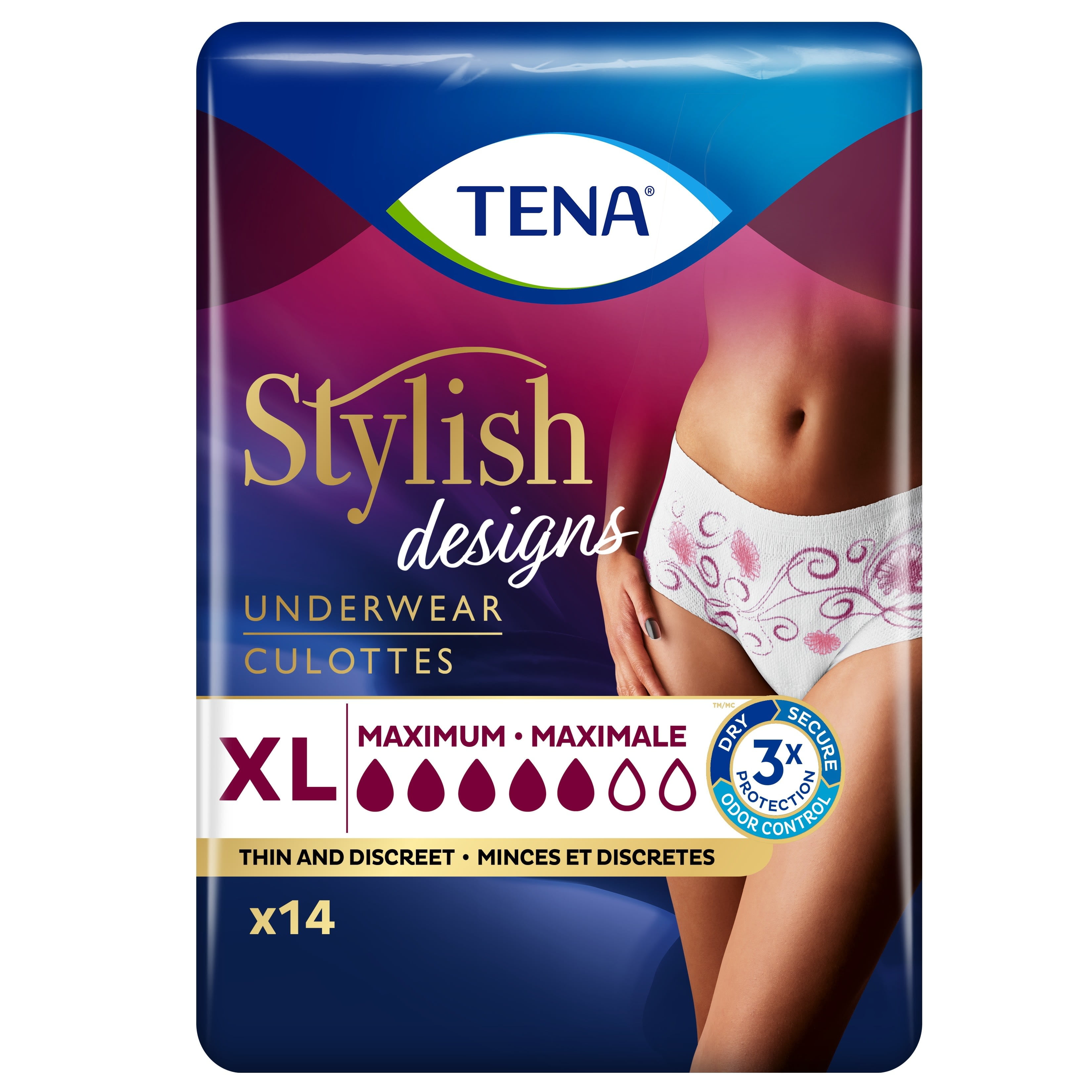 Tena Stylish Designs Incontinence Protective Underwear for Women, Maximum Absorbency, XL, 14