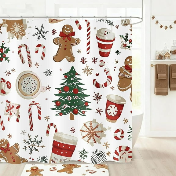 Merry Christmas Gingerbread Shower Curtain, Xmas Tree Candy Cane Snowflake Winter Holiday Bathroom Curtains Waterproof Fabric Bath Curtain 66x72 Inch with 12 Hooks