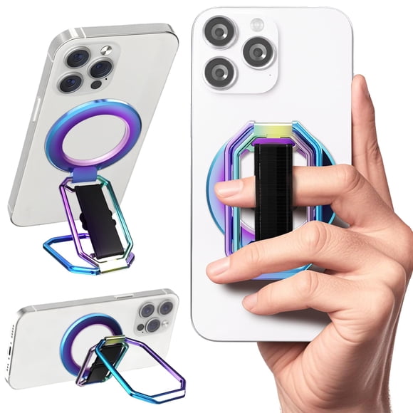 Soporte magnético para teléfono MagSafe 4 en 1 (el más nuevo de 2025) con correa para los dedos, soporte de anillo extraíble para iPhone 16 Pro Max 15 14 13 12, arcoíris