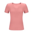 thumbnail image 4 of YUGYXL Women's Short Sleeves Ribbed Fitted Shirt Basic V Neck Slim T Shirt Tops Ladies Tunics Comfy Tees Pink XL, 4 of 6