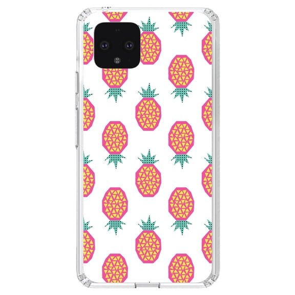 DistinctInk Clear Shockproof Hybrid Case for Google Pixel 4 (5.7" Screen) - TPU Bumper, Acrylic Back, Tempered Glass Screen Protector - Summer Graphics - Pineapple Pattern - Pink