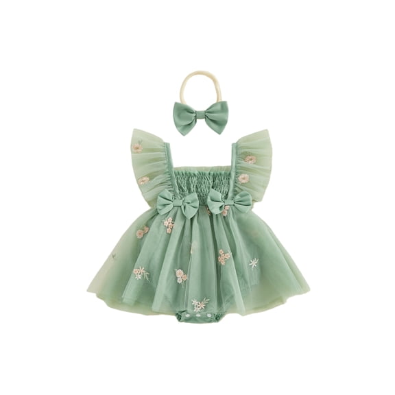Yuemengxuan Baby Girl Summer Outfit Floral Fly Sleeve Tulle Romper Dress Bow Headband 2 Piece Set