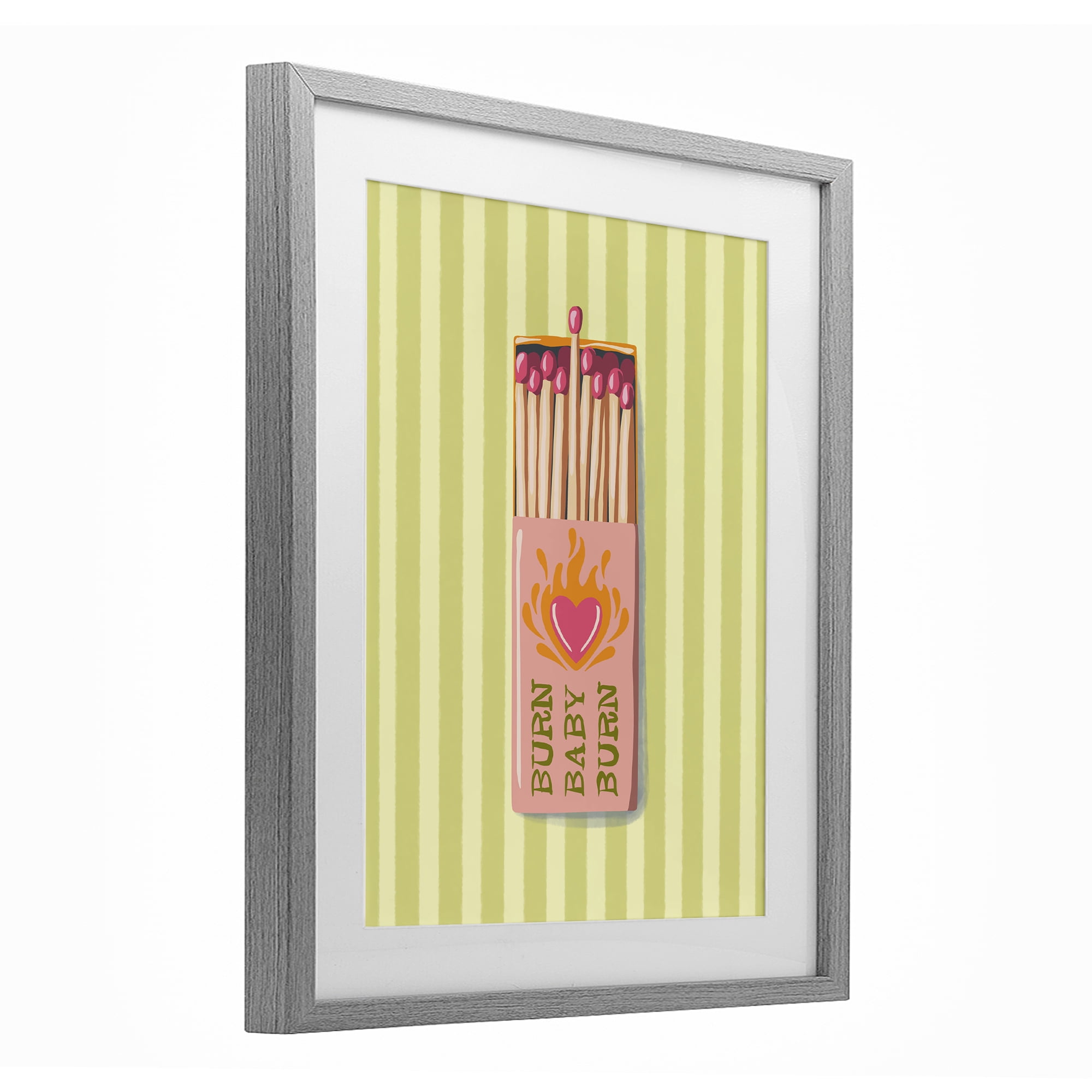 Burn Baby Matches Gray Framed Print Under Glass, design by Elyse Anastacia