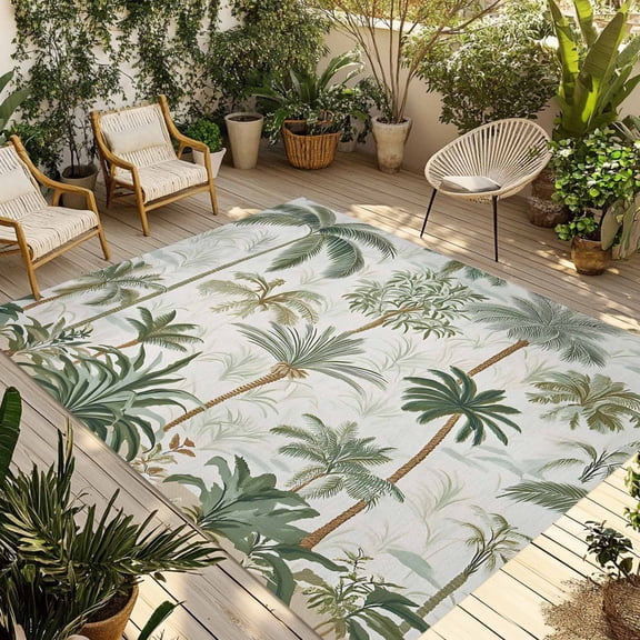 Fsddascl Tropical Green Palm Tree Outdoor Rug for Patio/Deck/Porch, Non-Slip Large Area Rug 5 x 8 Ft, Summer Beach Botanical Indoor Outdoor Rugs Washable Area Rugs, Reversible Camping Rug Carpet