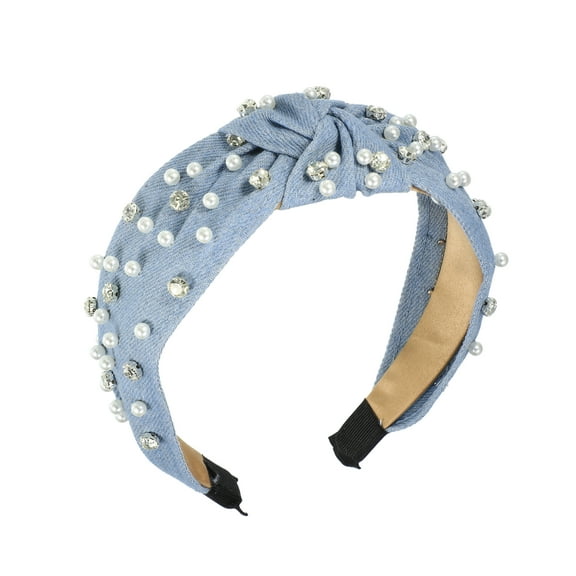Vocoste 1 Pc Pearly Rhinestones Crystal Knotted Women Headband Light Blue 5.31"x1.97"