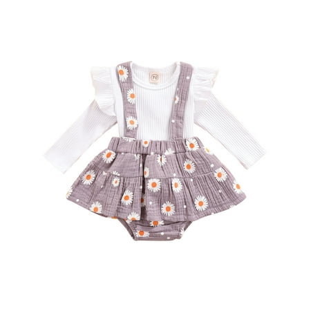 

Nokpsedcb Newborn Baby Girls Clothes Solid Knitted Ruffles Long Sleeve Tops Flower Suspender Shorts Skirts Purple 3-6 Months