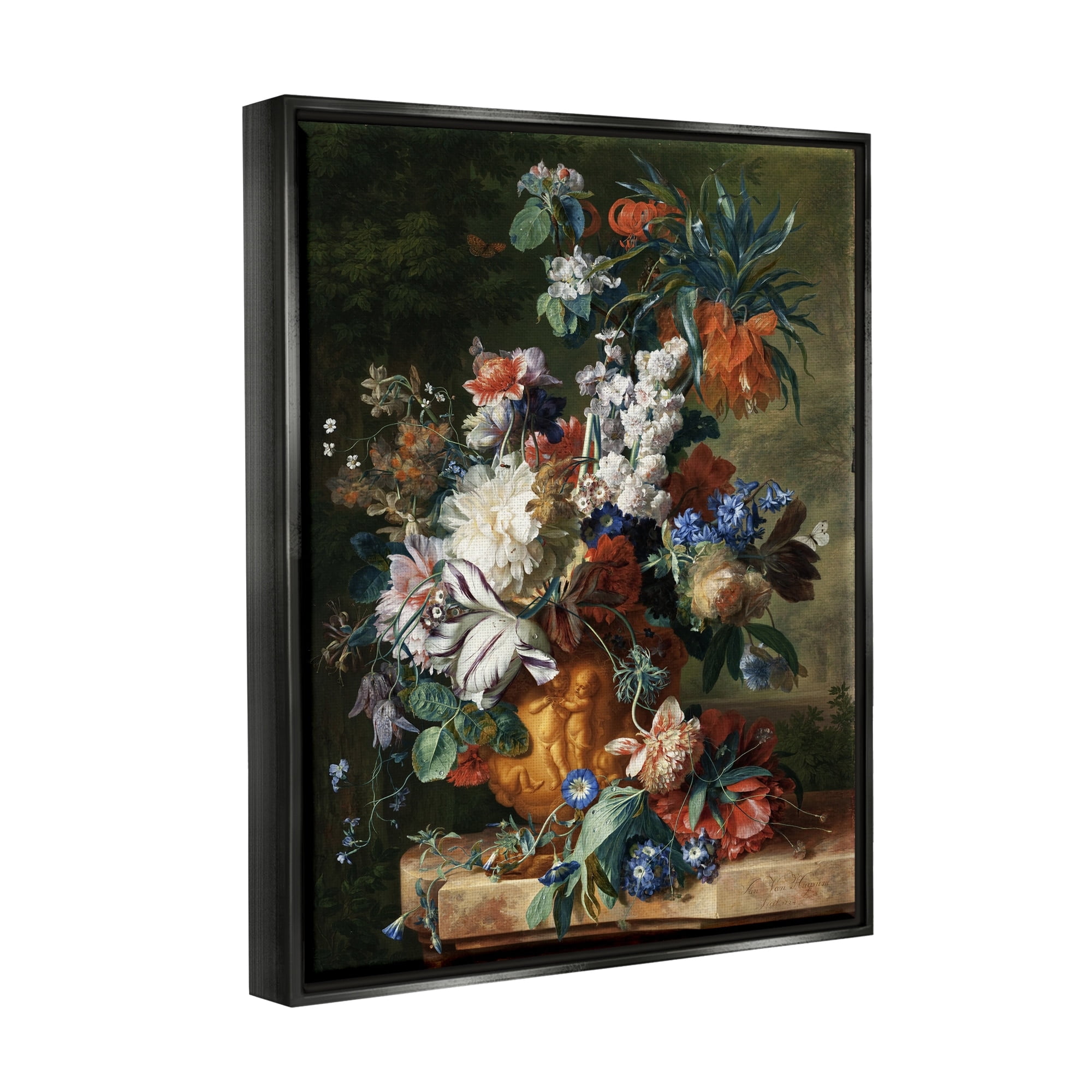 Stupell Industries Bouquet of Flowers in Urn Jan van Huysum Painting Painting Jet Black Floating Framed Canvas Print Wall Art, Design by one1000paintings