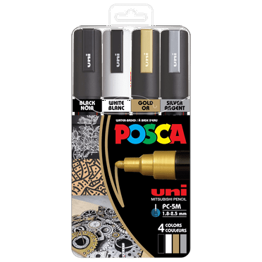 Uni POSCA PC-5M Water-Based Paint Markers, Medium Point (1.8-2.5mm), Assorted Colors, 4 Pack