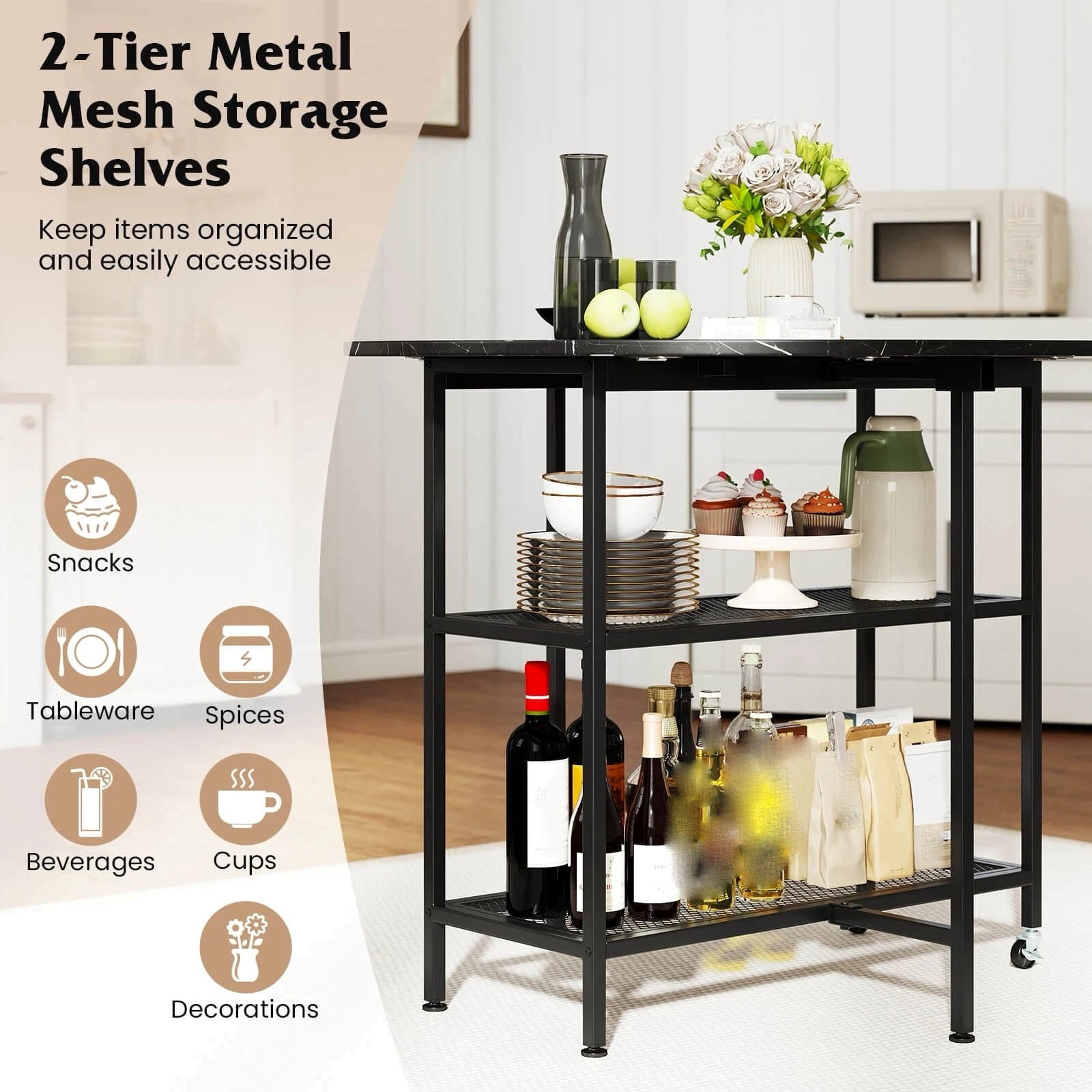 Auranook Round Folding Dining Table, Round Drop Leaf Kitchen Table with 2-Tier Storage Shelf, 2 Lockable Wheels