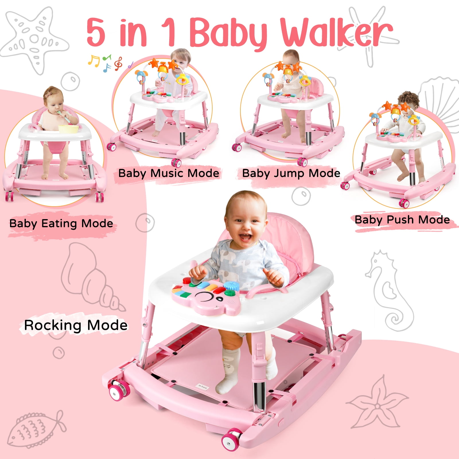 XIOYIG 5 in 1 Baby Walker, Music and Lights Walker for Baby Boy Girls 6-18 Months, Foldable Baby Walkers with Wheels and Bouncer Combo Portable, Toddler Infant Walker with Adjustable Height