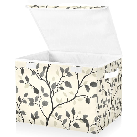Yayeee Collapsible Cube Storage Bin with Lid Fabric Closet Decorative Basket with Handles, Leaves Pattern