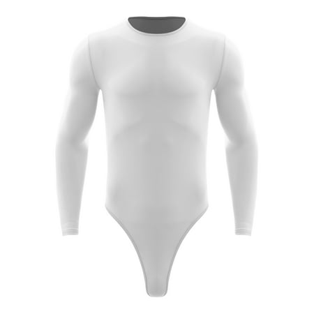 Sxiwei Mens Thong Leotard Tops One Piece Slim Fit Bodysuit Long Sleeves Undershirts Sleepwear White L