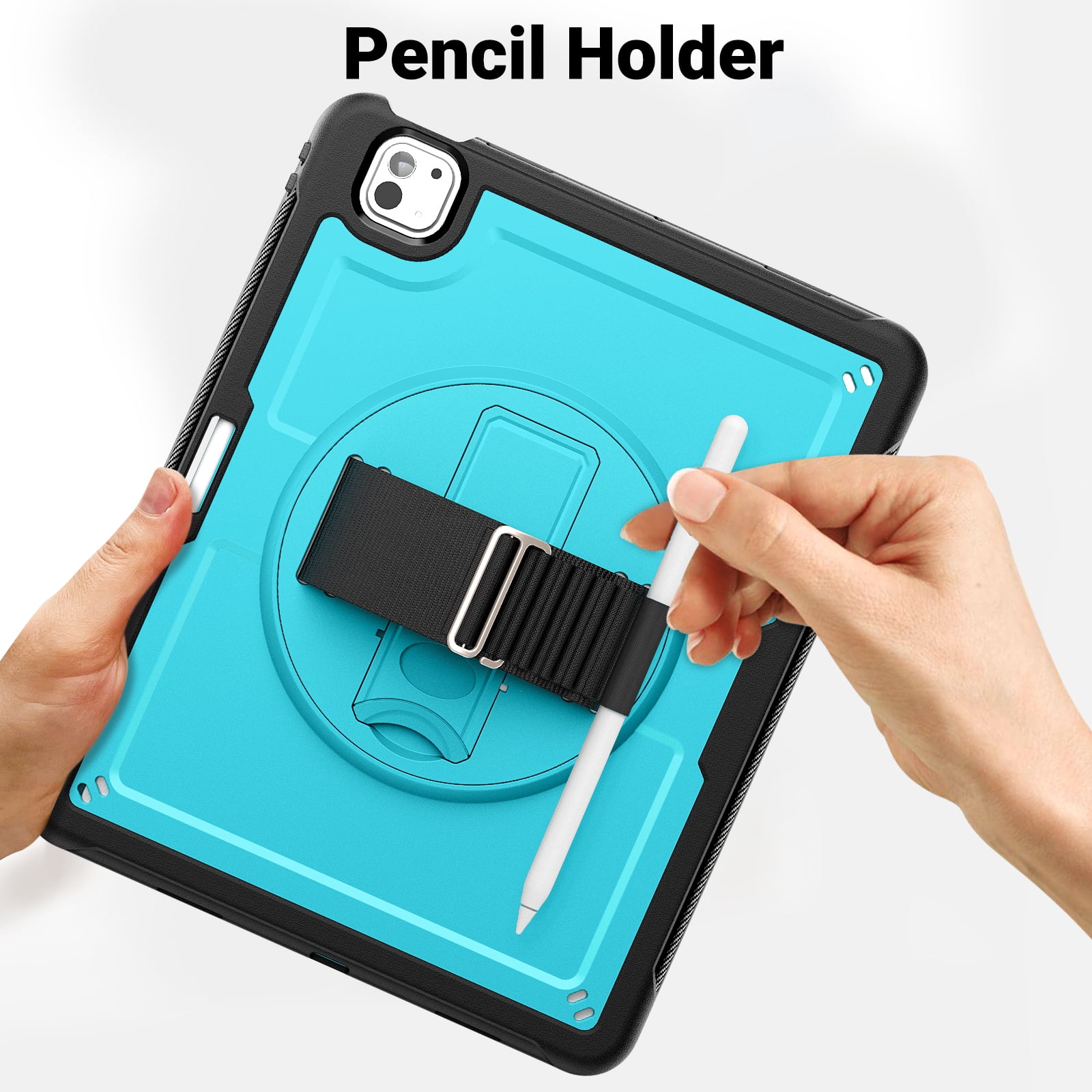 ELEHOLD Case for Apple iPad Pro 13 2024,Soft TPU Rugged Durable Case with 360° Rotating Hand Strap & Foldable Hidden Stand & Pencil Holder,Lightblue