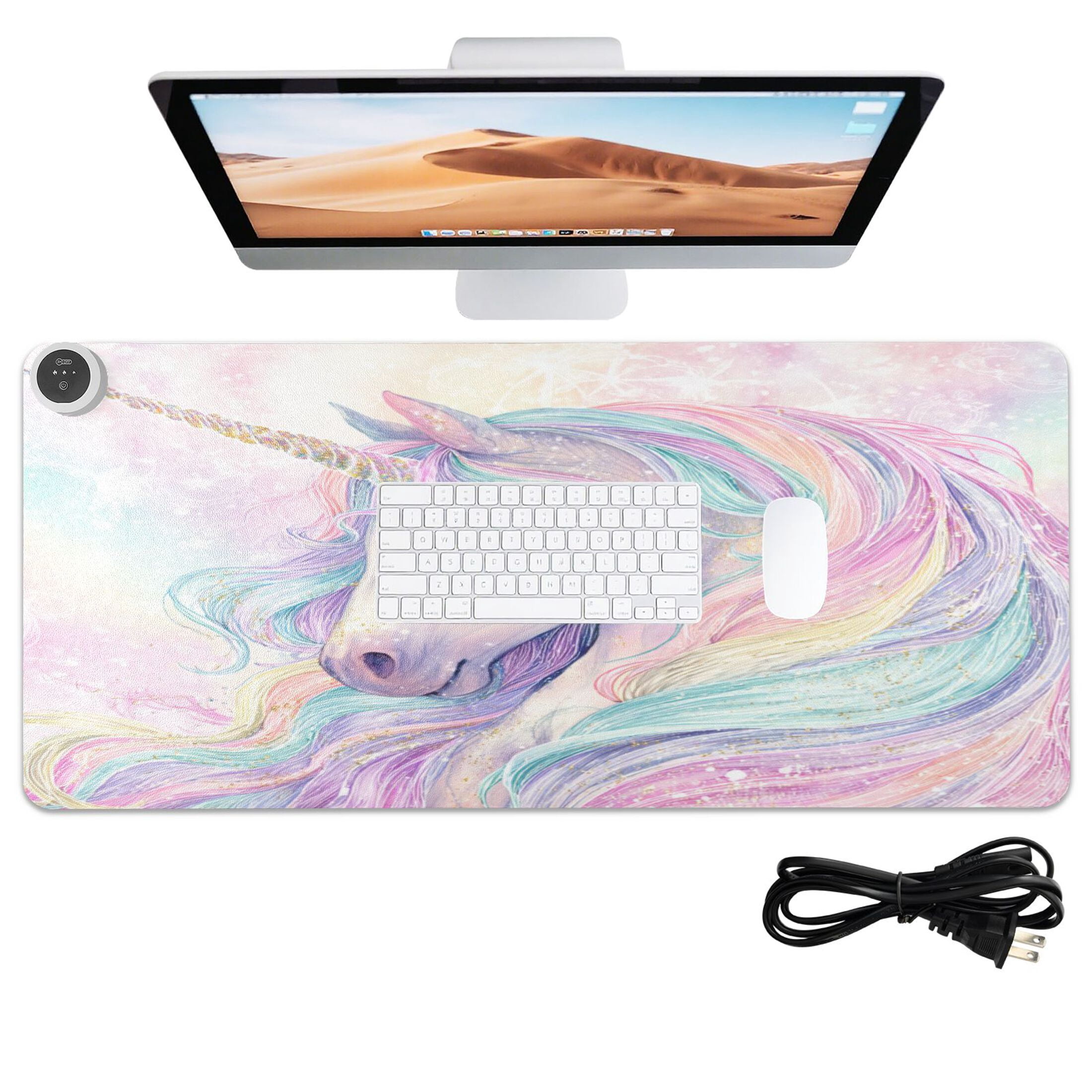 Large Heated Desk Mat Mouse Pad 31.5"x13"PU Leather Graphene Heating Desk Warmer with 3 Temperature Settings 110V US Plug Non-Slip Warm Pad for Home, Office, and Gaming Magical Unicorn Pastel Sky