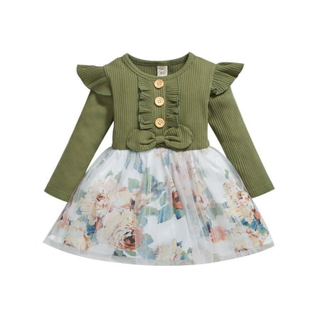 

Canrulo Infant Toddler Kid Girls Ribbed Floral Stitching O-Neck Long Sleeves Ruffled Skirt Green 12-18 Months