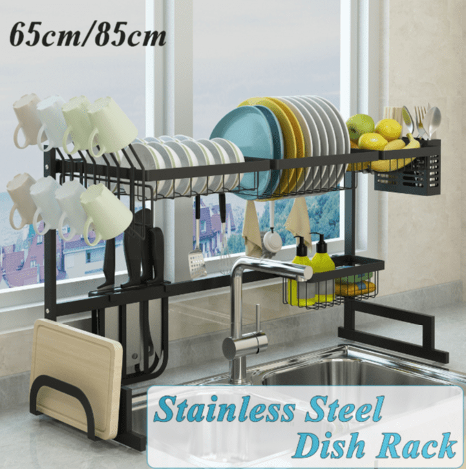 2-Tier Black Drying Kitchen Dish Rack Over Sink Drainer Holder Organizer Shelf 