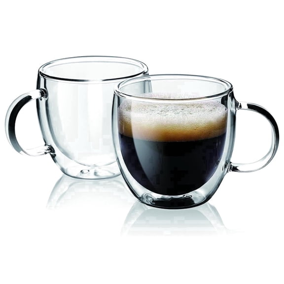 SCJHMY Insulated Double Wall Glass Espresso Cups with Handle, 5 oz / 150 ml Clear Borosilicate Glass Coffee Latte Cappuccino Cups, Set of 2