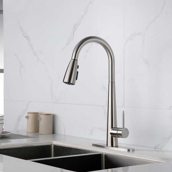 Brushed Nickel High Arc Single Handle Kitchen Faucet with Pull Down Sprayer and Deck Plate Commercial Modern Stainless Steel Kitchen Faucet