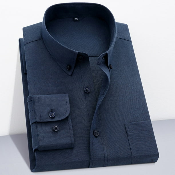 Blusa y camisa de manga larga con cuello vuelto para hombre, camisa informal de negocios a la moda con botones de color liso y cómoda, top de algodón para hombre
