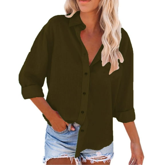 ZhenYing Long Sleeve Shirts for Women, Linen Women's Spring Summer Solid Color Shirt Long Sleeve Button Down Shirt Loose Fit Vacation Beach Workwear Tops Clothes Shirts for Women