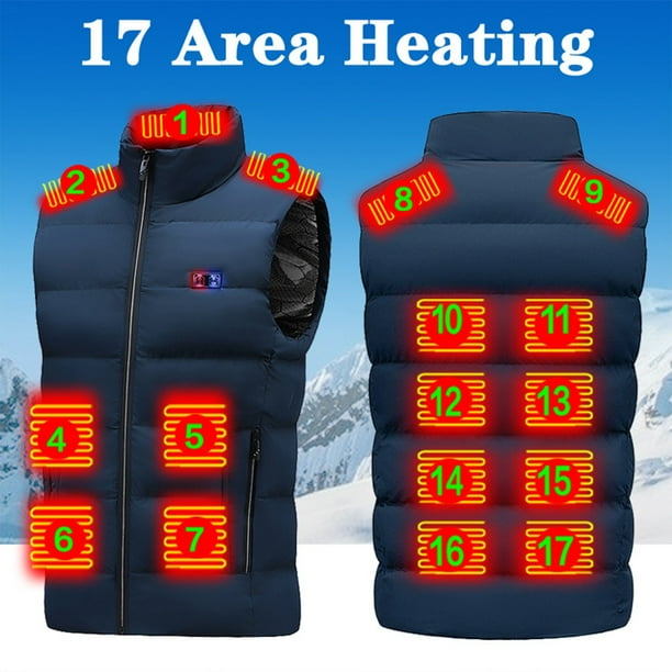 Chaleco calefactable de 17 zonas para hombre y mujer, unisex, de invierno, con calefacción por USB y 3 zonas de calefacción.