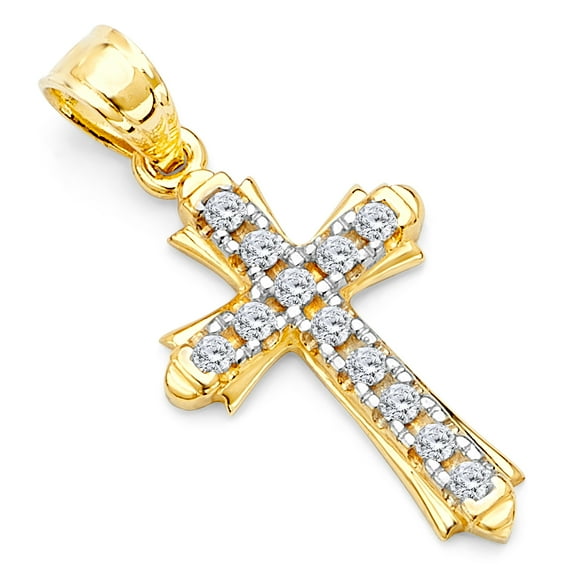 Wellingsale 14K Yellow Gold Polished Religious Christian Gothic Cross Pendant with CZ Accents
